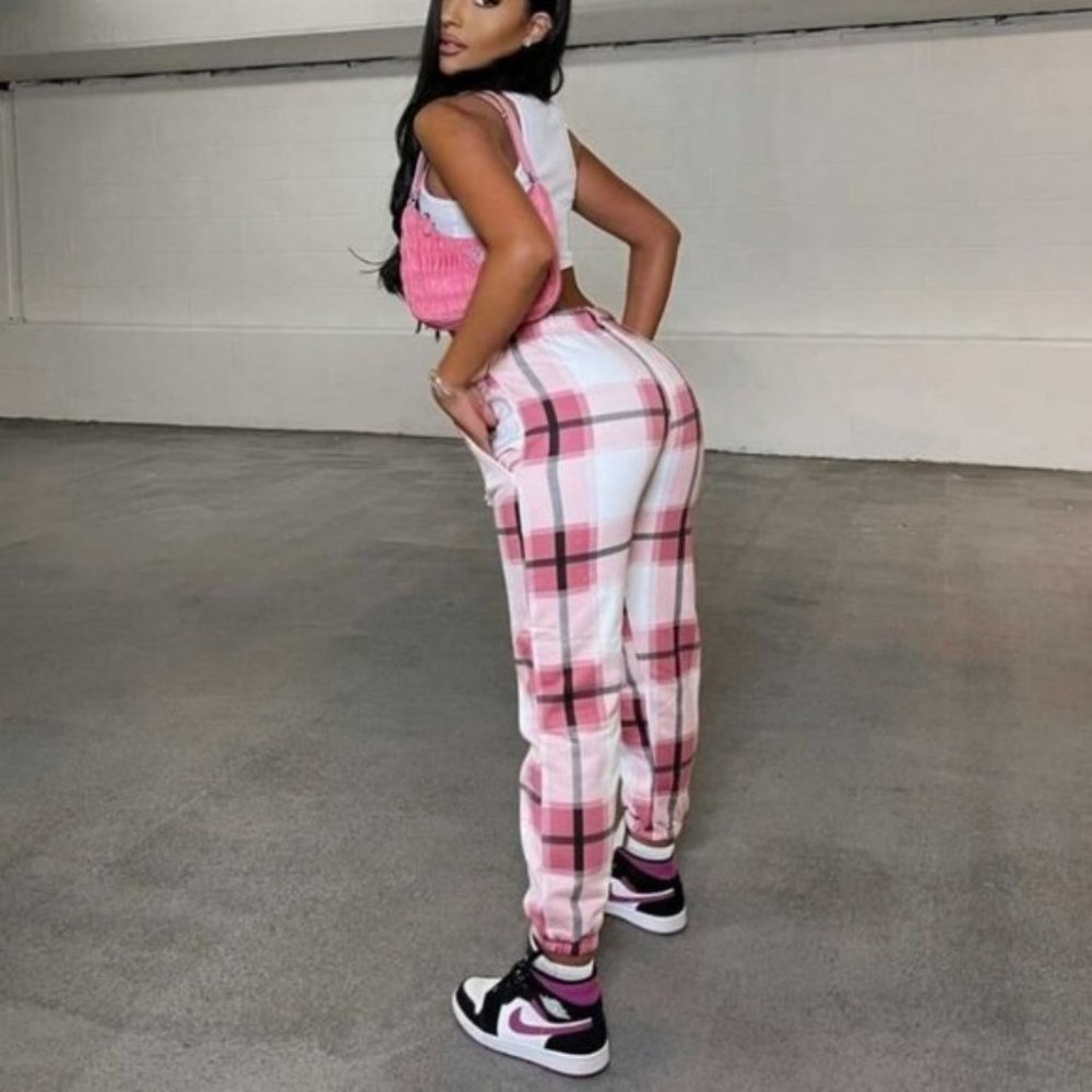 Pink Plaid Check High Waist Loose Fit Joggers Jogger Pants - Picture 3 of 12